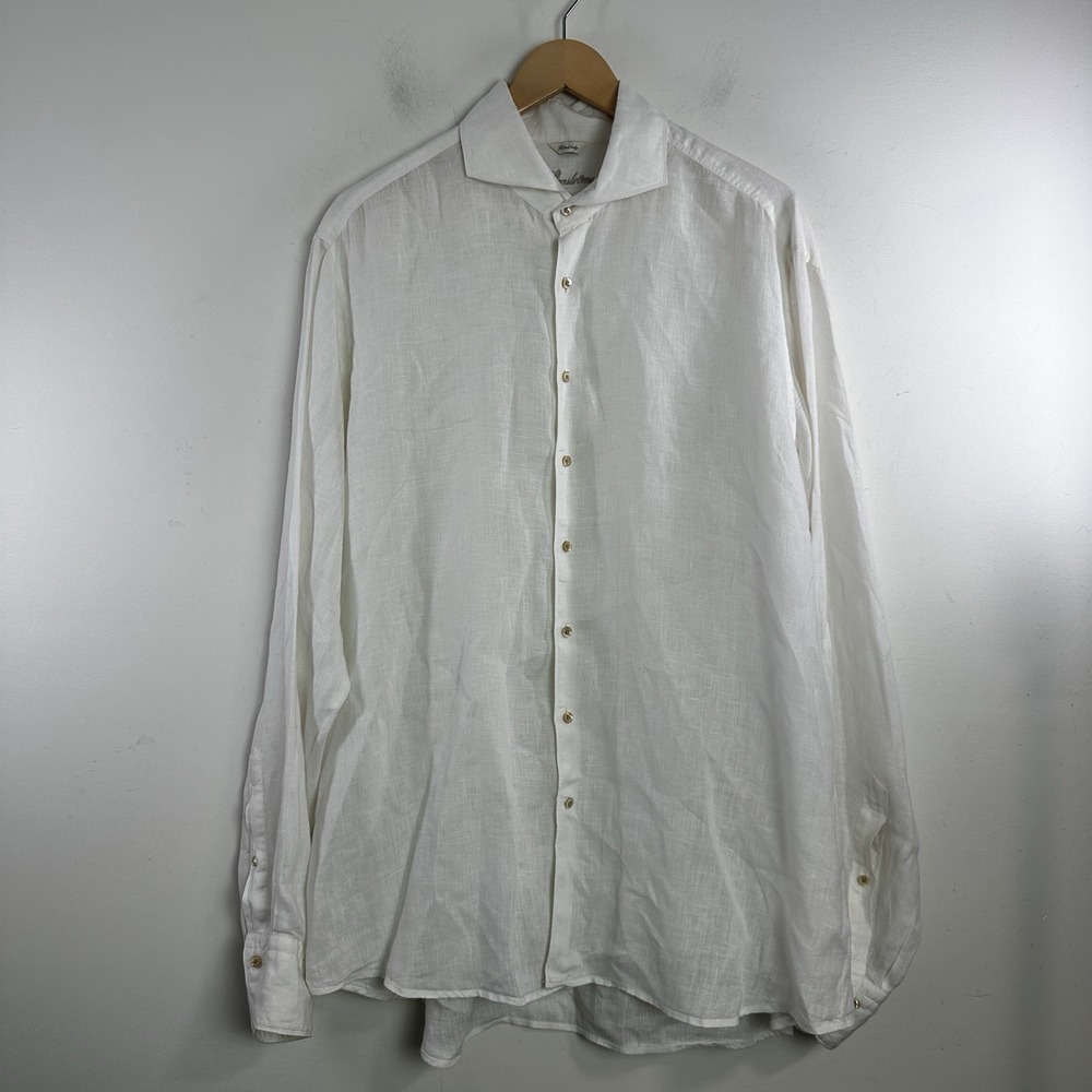 Stenstroms Mens XL 100% Linen Shirt White Button Up Fitted Body Lightweight